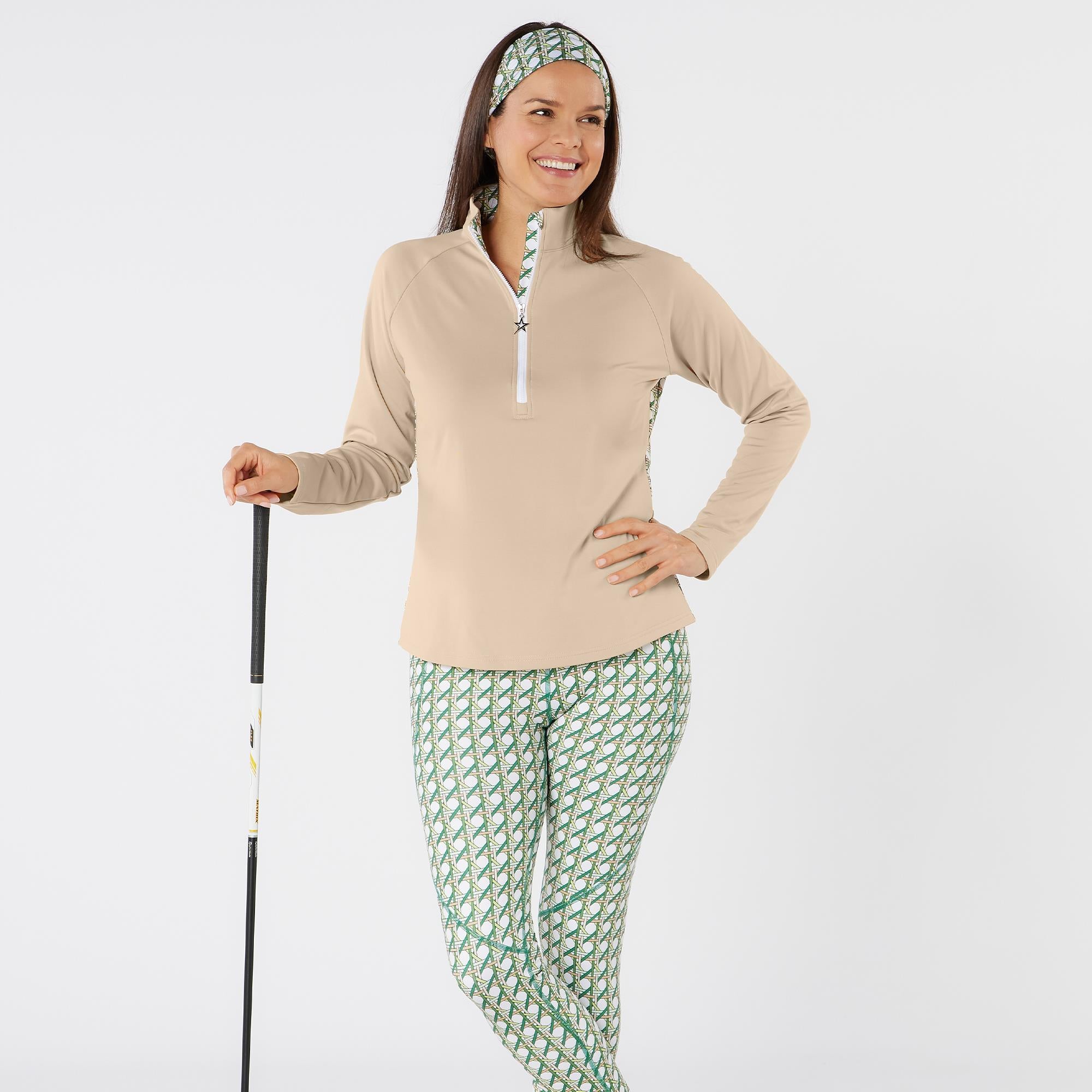Swing Out Sister Heather Quarter Zip Pattern Fleece Ladies Golf Mid Layer Noughty Green