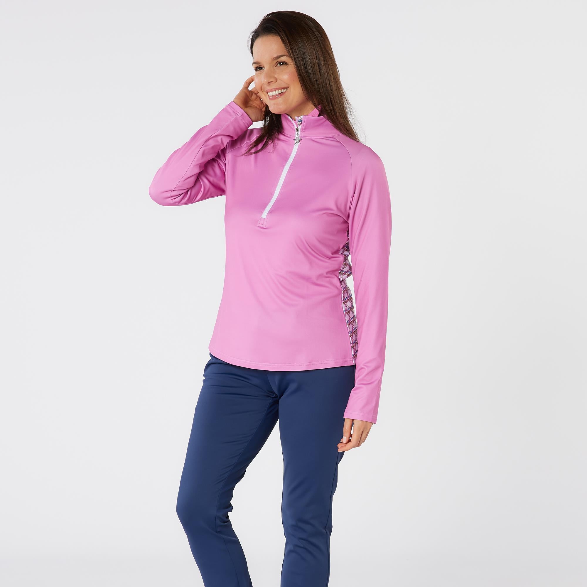 Swing Out Sister Heather Quarter Zip Pattern Fleece Ladies Golf Mid Layer Noughty Pink