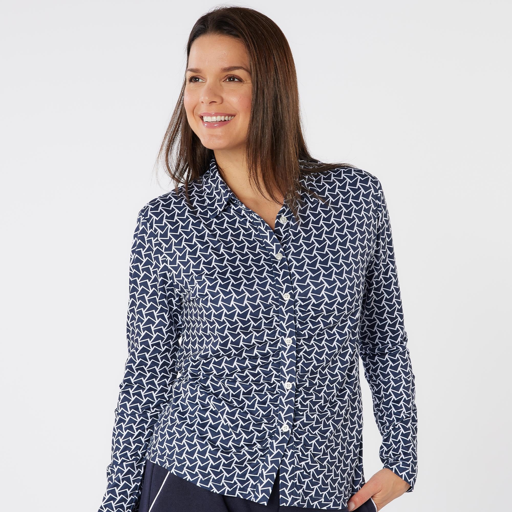Swing Out Sister Philomena Pattern Long Sleeve Ladies Golf Polo Shirt Megabyte Navy