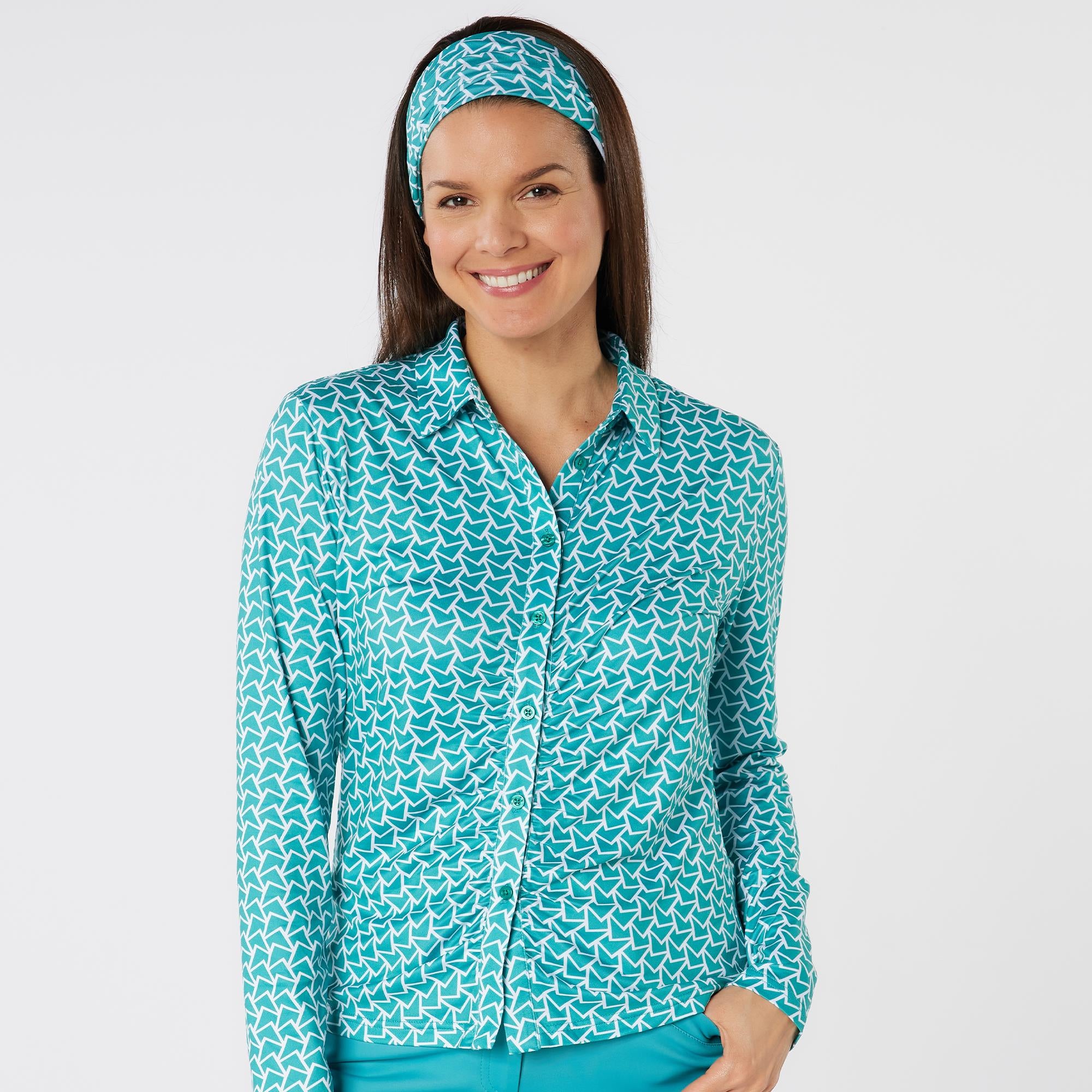 Swing Out Sister Philomena Pattern Long Sleeve Ladies Golf Polo Shirt Megabyte Teal