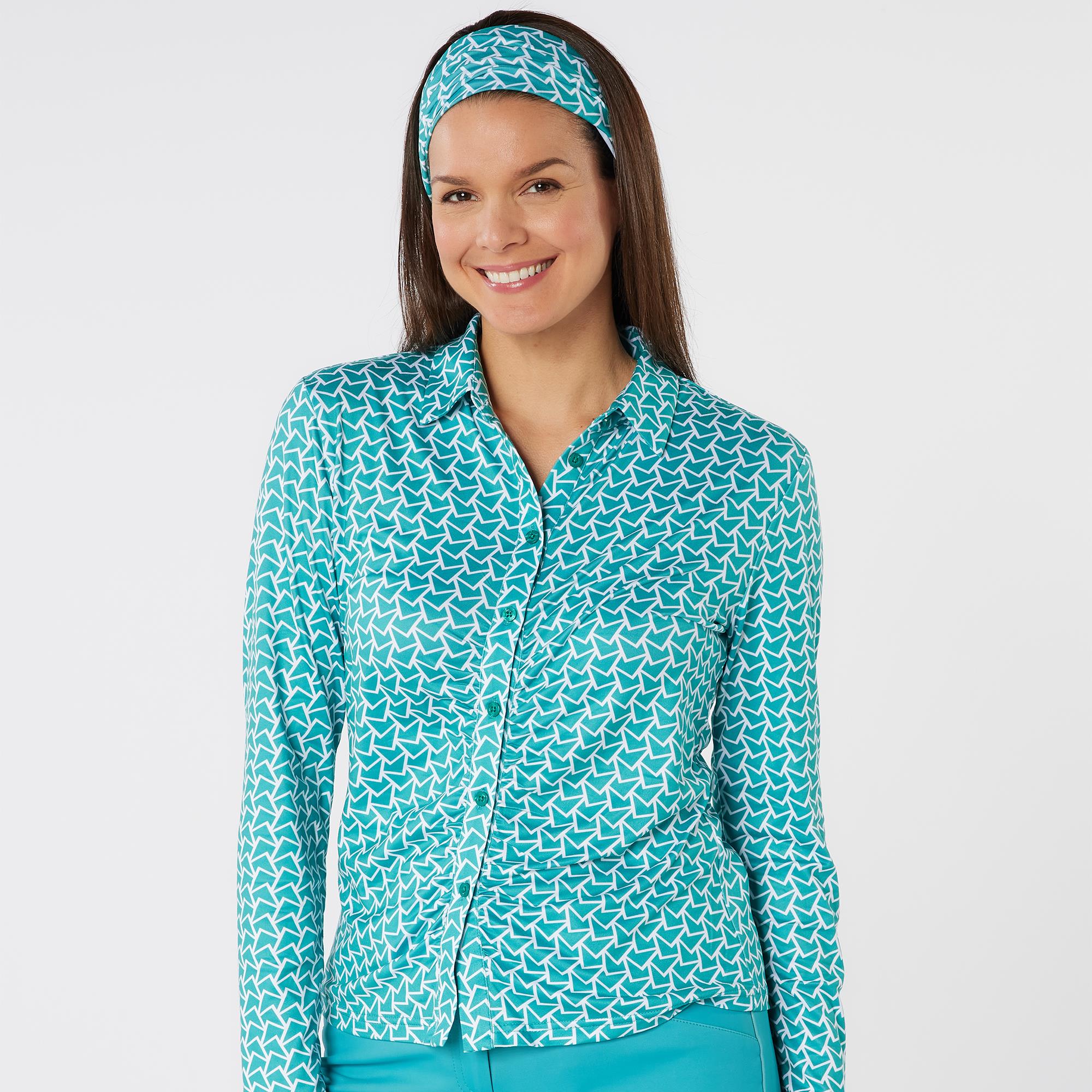 Swing Out Sister Philomena Pattern Long Sleeve Ladies Golf Polo Shirt Megabyte Teal