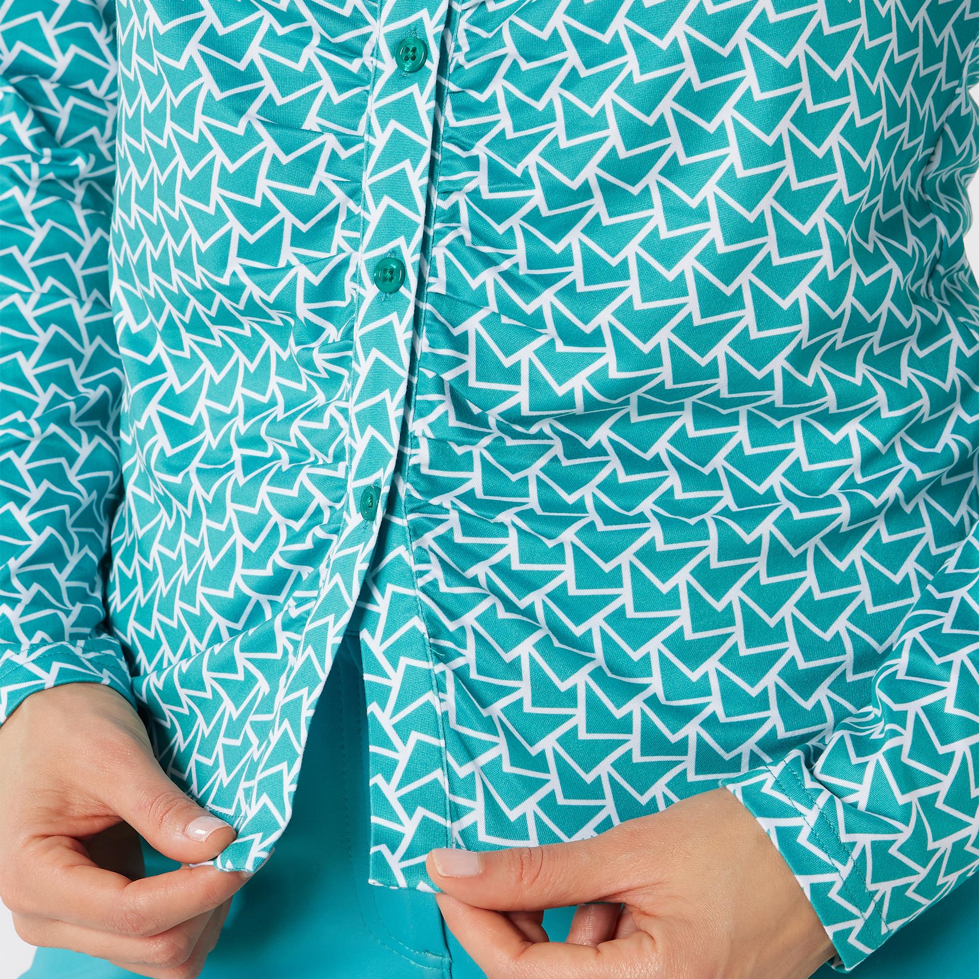 Swing Out Sister Philomena Pattern Long Sleeve Ladies Golf Polo Shirt Megabyte Teal