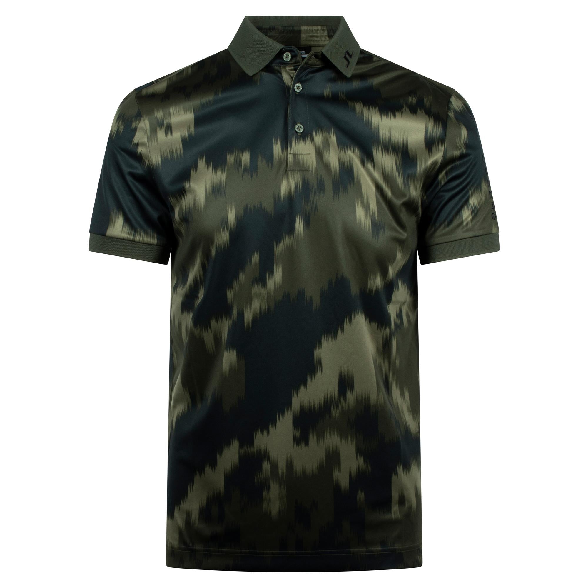 J.Lindeberg men’s golf polo shirt front view in Warp Forest print, available at Teepeg Golf
