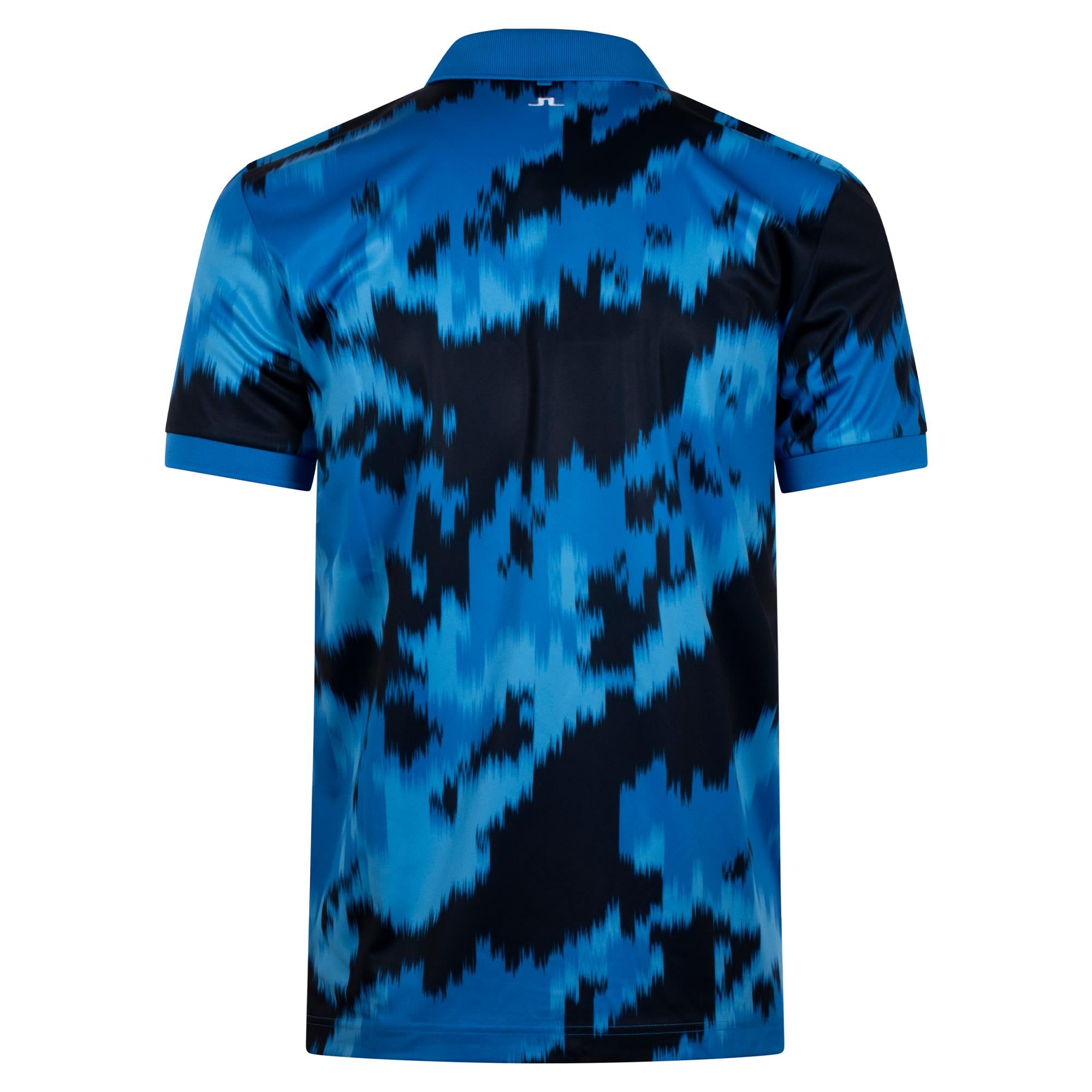 Back view of J.Lindeberg men’s golf polo shirt Warp Sonic Blue – performance golf wear