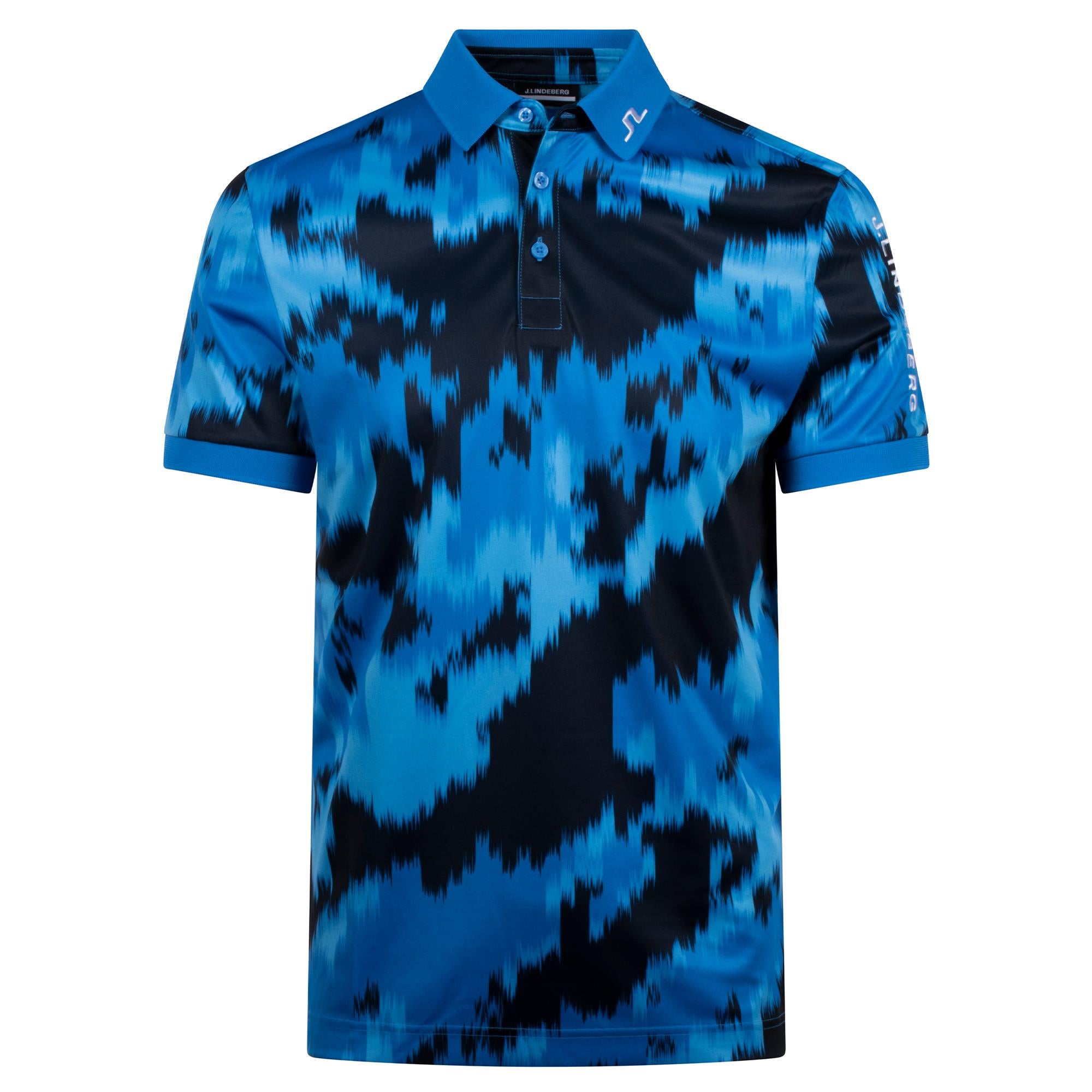 J.Lindeberg men’s golf polo shirt front view in Warp Sonic Blue print, available at Teepeg Golf