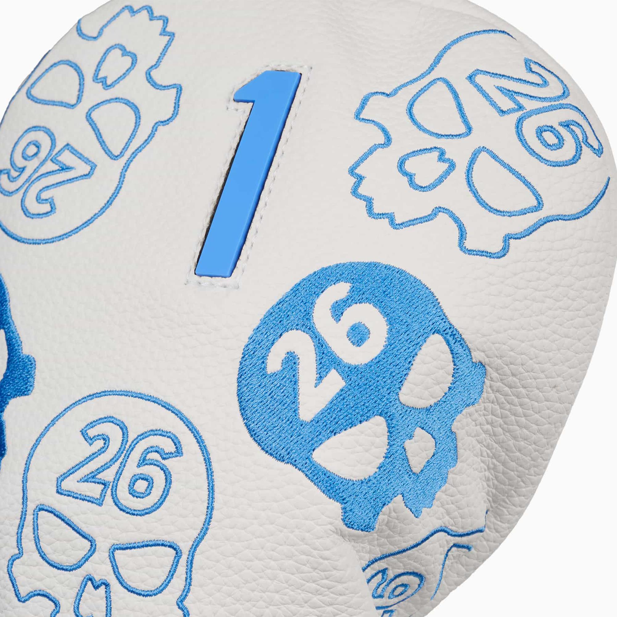 Close-up of PXG Darkness Driver Headcover Pattern, White & Blue
