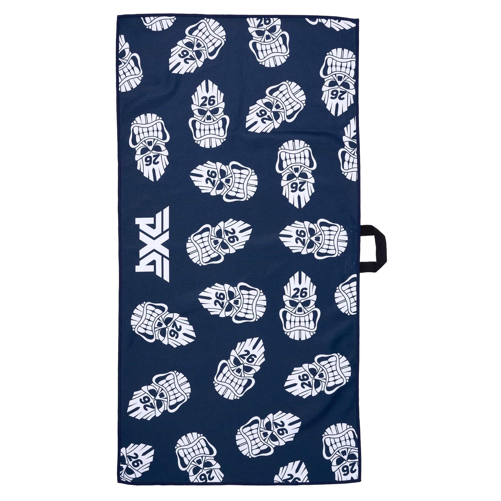 Vertical view of PXG Darkness Tiki Skull Players Towel
