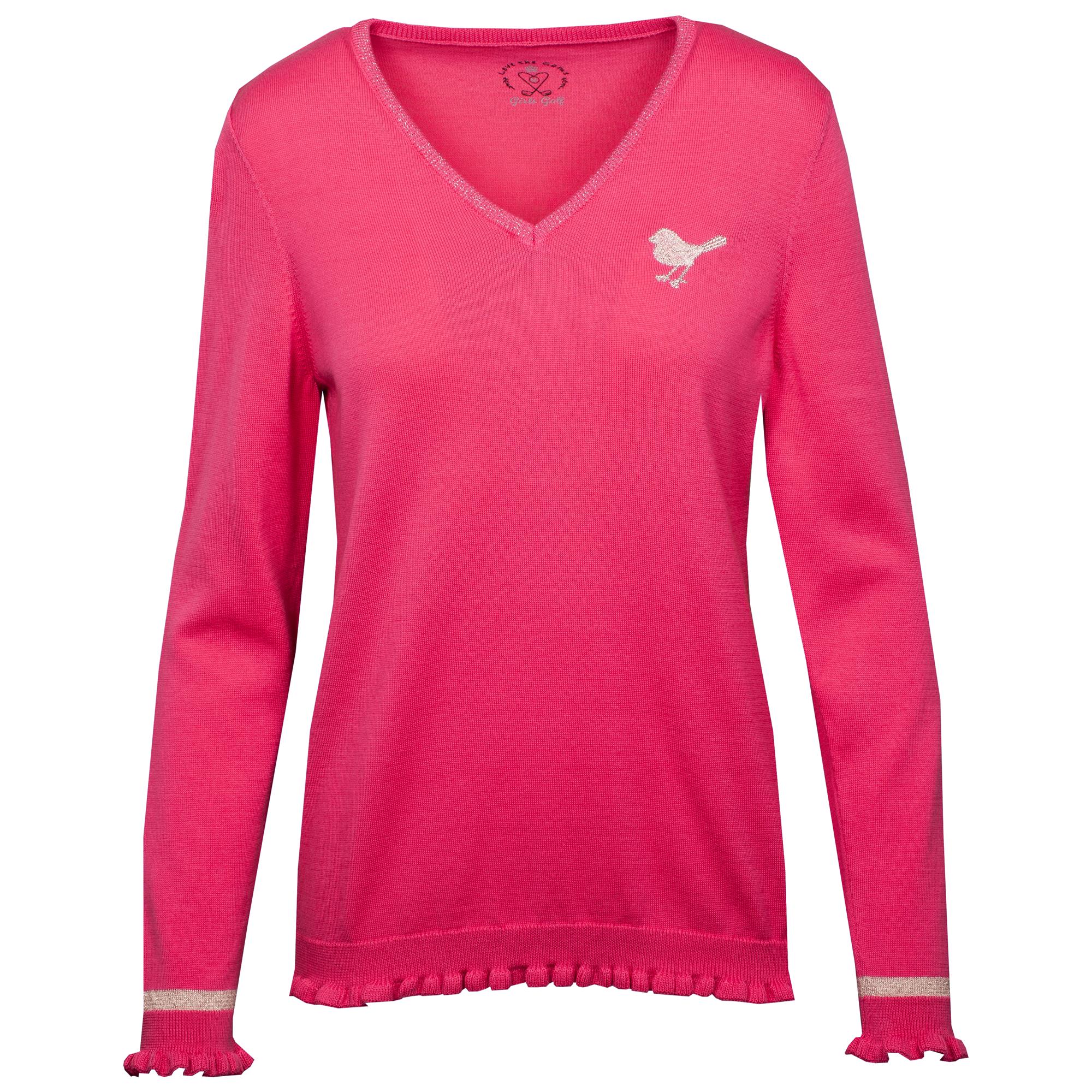 Girls Golf Ruffle Knit V Neck Jumper Pink