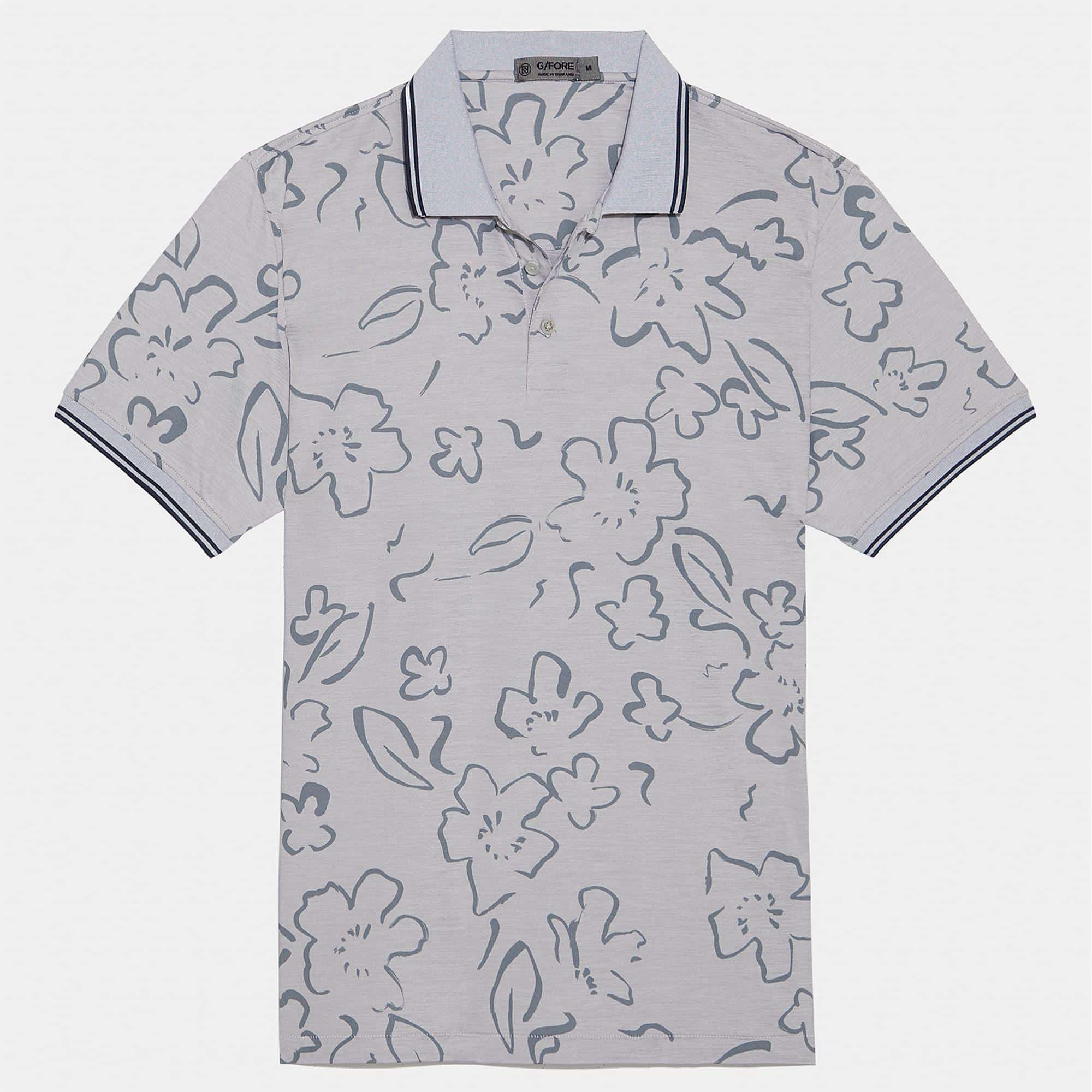 G/FORE Floral Watercolour Mens Golf Polo Light Heather Grey